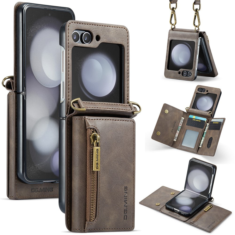 DG.MING M5 Series for Samsung Galaxy Z Flip7 FE 5G / Z Flip6 5G Case RFID Blocking Card Slots PU+PC Phone Cover - Coffee
