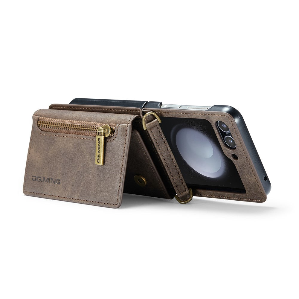 DG.MING M5 Series for Samsung Galaxy Z Flip7 FE 5G / Z Flip6 5G Case RFID Blocking Card Slots PU+PC Phone Cover - Coffee