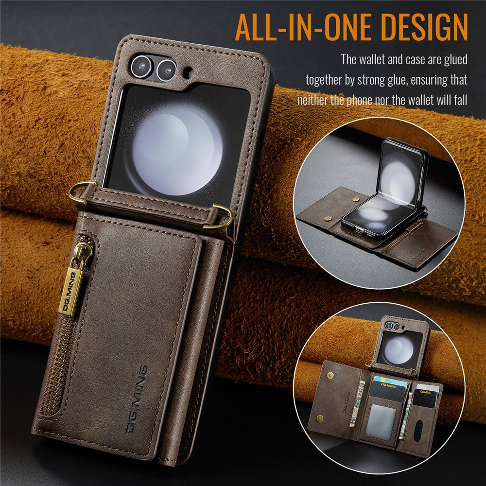 DG.MING M5 Series for Samsung Galaxy Z Flip7 FE 5G / Z Flip6 5G Case RFID Blocking Card Slots PU+PC Phone Cover - Coffee