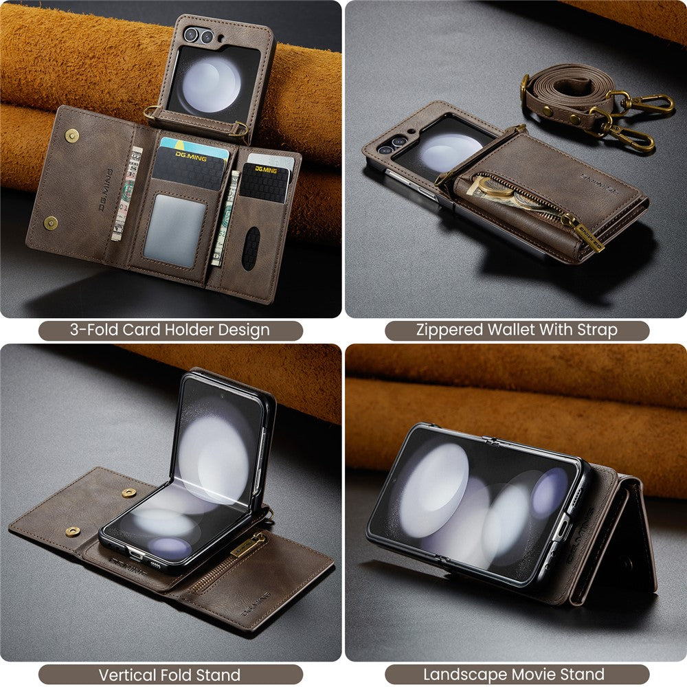 DG.MING M5 Series for Samsung Galaxy Z Flip7 FE 5G / Z Flip6 5G Case RFID Blocking Card Slots PU+PC Phone Cover - Coffee