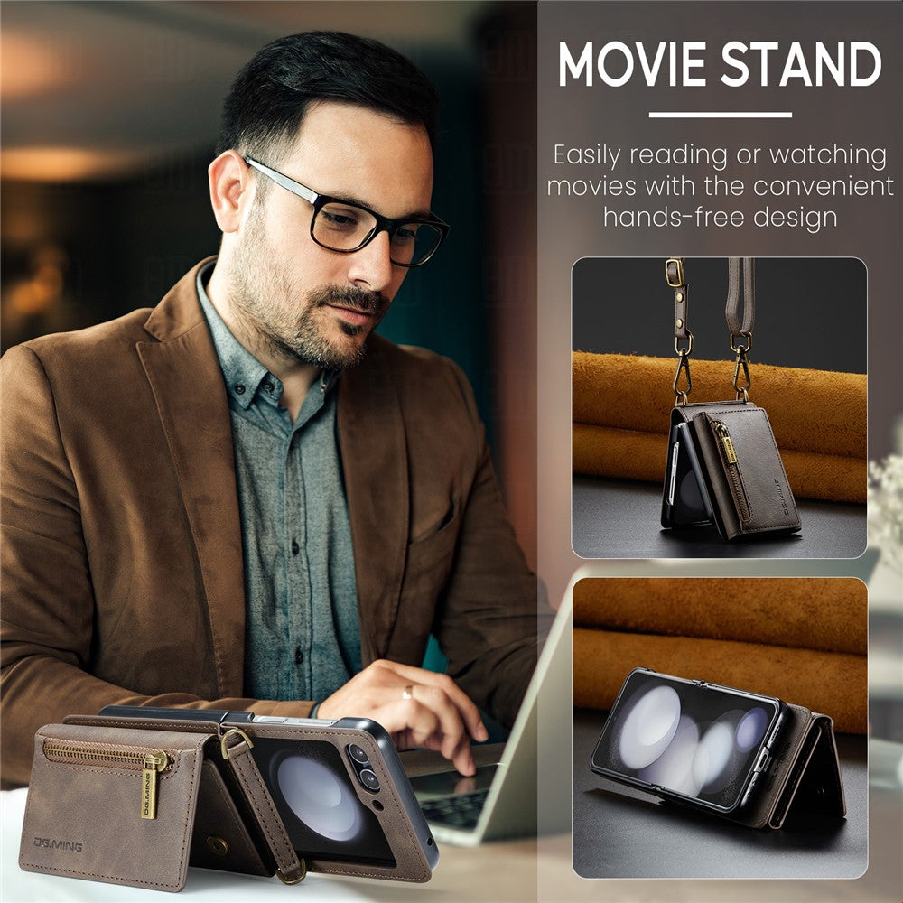 DG.MING M5 Series for Samsung Galaxy Z Flip7 FE 5G / Z Flip6 5G Case RFID Blocking Card Slots PU+PC Phone Cover - Coffee