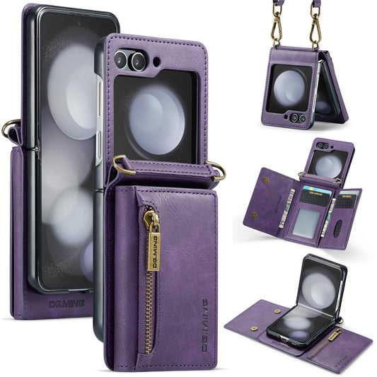 DG.MING M5 Series for Samsung Galaxy Z Flip7 FE 5G / Z Flip6 5G Case RFID Blocking Card Slots PU+PC Phone Cover - Purple