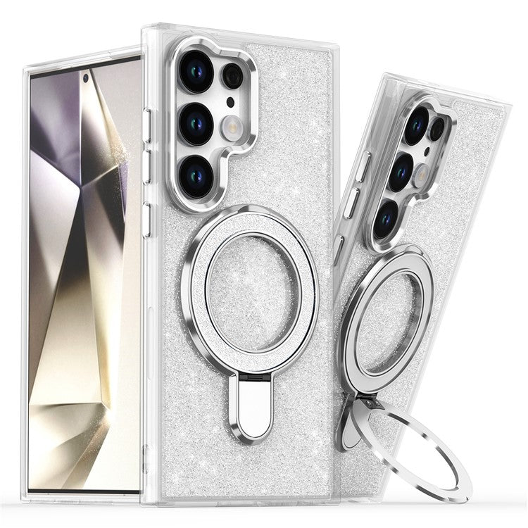 For Samsung Galaxy S24 Ultra Case Glitter Design TPU+PC Kickstand Phone Protector - Transparent