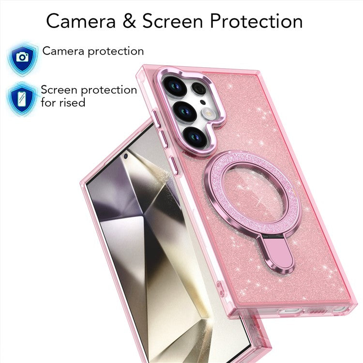 For Samsung Galaxy S24 Ultra Case Glitter Design TPU+PC Kickstand Phone Protector - Transparent