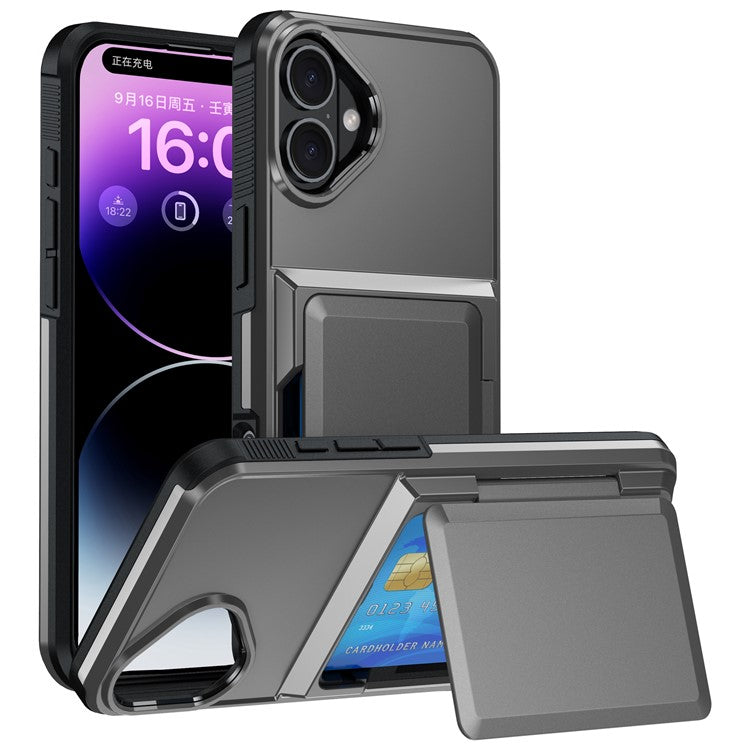 For iPhone 16 Plus Cases Card Slot TPU+PC Kickstand Phone Case - Grey