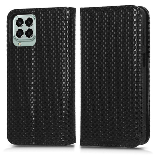 Phone Flip Wallet Case For Samsung Galaxy M33 5G (Global Version), Anti-wear PU Leather Magnetic Auto-absorbed Grid Texture Phone Cover Stand - Black