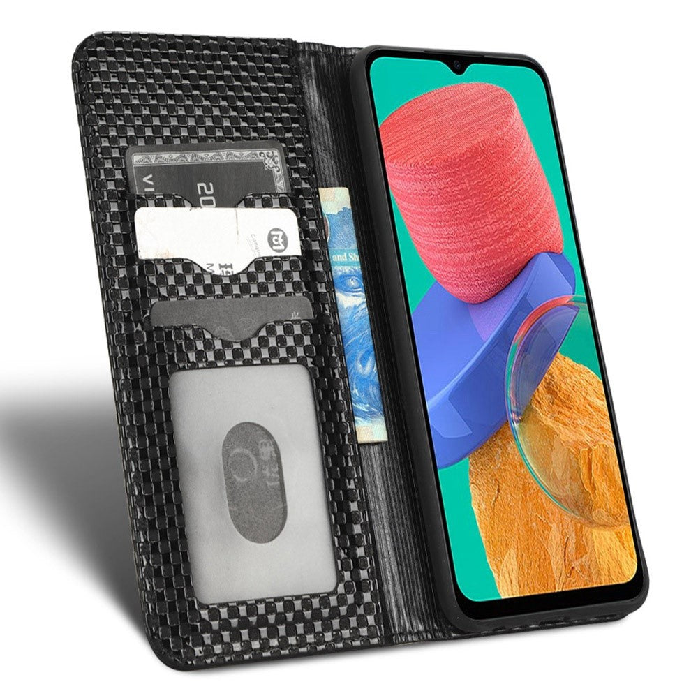 Phone Flip Wallet Case For Samsung Galaxy M33 5G (Global Version), Anti-wear PU Leather Magnetic Auto-absorbed Grid Texture Phone Cover Stand - Black