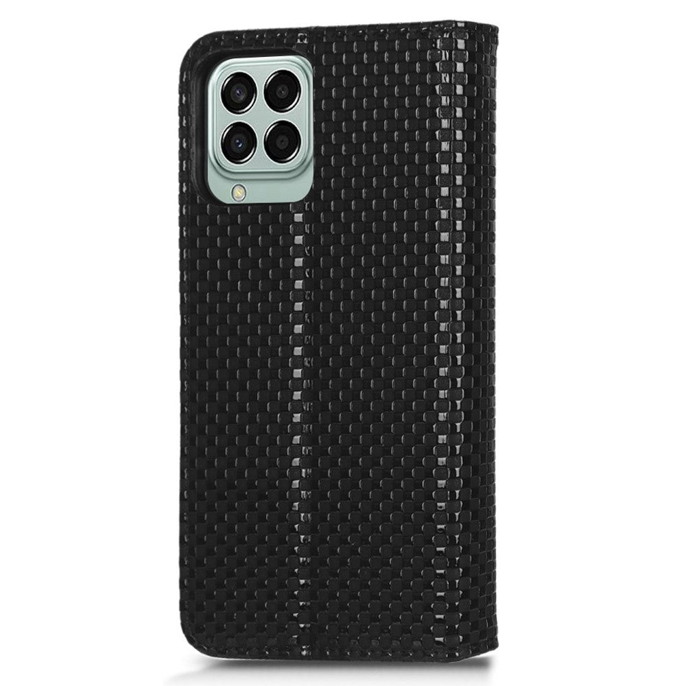Phone Flip Wallet Case For Samsung Galaxy M33 5G (Global Version), Anti-wear PU Leather Magnetic Auto-absorbed Grid Texture Phone Cover Stand - Black