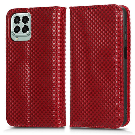 Phone Flip Wallet Case For Samsung Galaxy M33 5G (Global Version), Anti-wear PU Leather Magnetic Auto-absorbed Grid Texture Phone Cover Stand - Wine Red