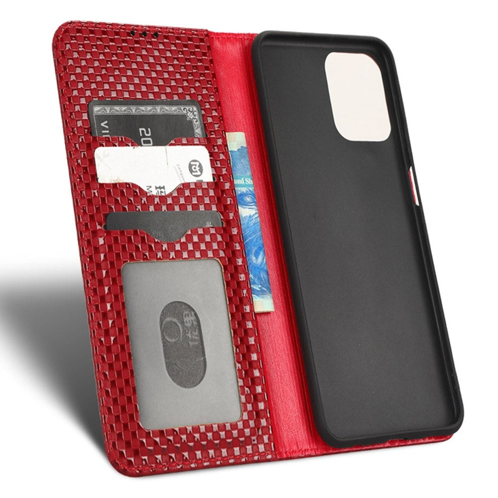 Phone Flip Wallet Case For Samsung Galaxy M33 5G (Global Version), Anti-wear PU Leather Magnetic Auto-absorbed Grid Texture Phone Cover Stand - Wine Red