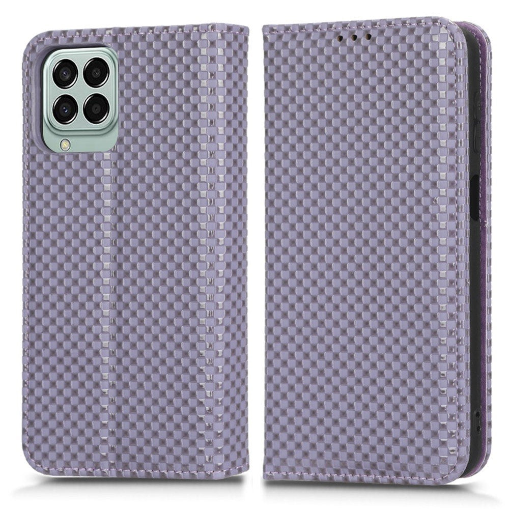 Phone Flip Wallet Case For Samsung Galaxy M33 5G (Global Version), Anti-wear PU Leather Magnetic Auto-absorbed Grid Texture Phone Cover Stand - Light Purple