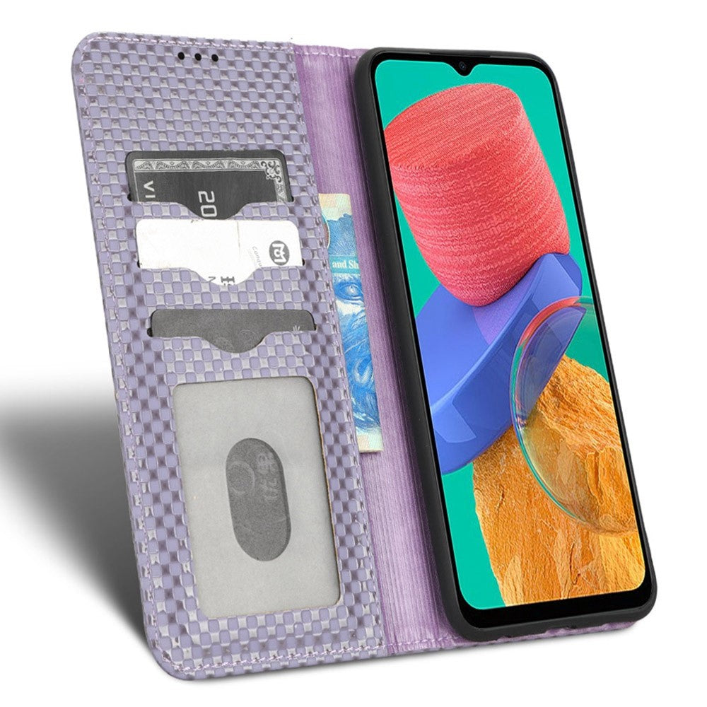 Phone Flip Wallet Case For Samsung Galaxy M33 5G (Global Version), Anti-wear PU Leather Magnetic Auto-absorbed Grid Texture Phone Cover Stand - Light Purple