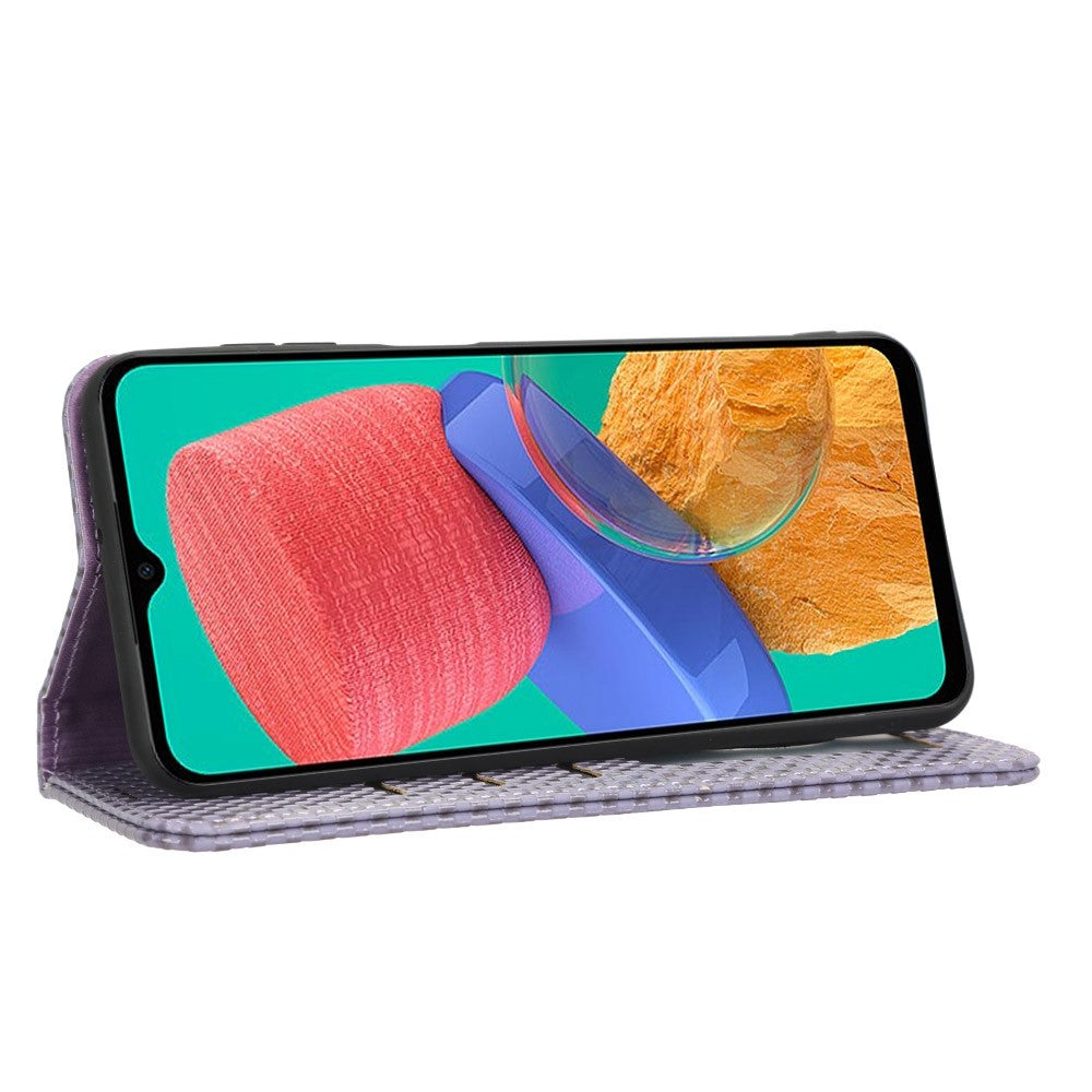 Phone Flip Wallet Case For Samsung Galaxy M33 5G (Global Version), Anti-wear PU Leather Magnetic Auto-absorbed Grid Texture Phone Cover Stand - Light Purple