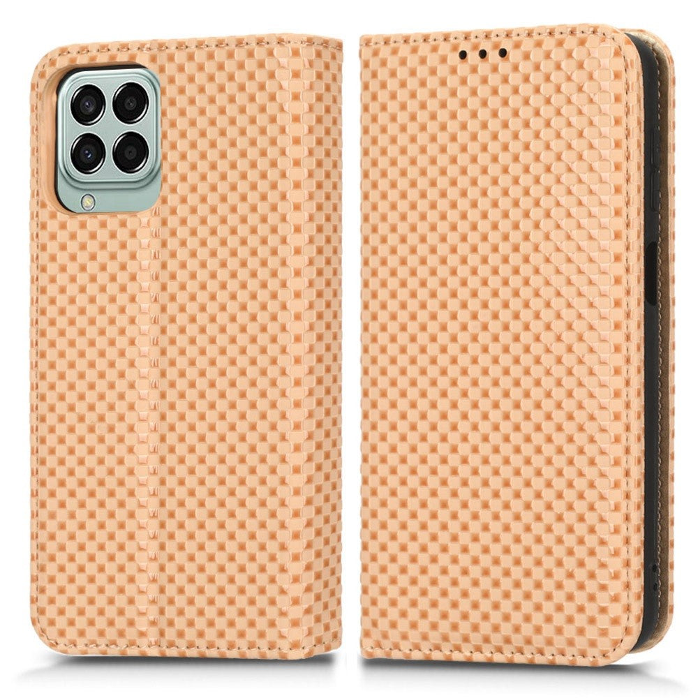 Phone Flip Wallet Case For Samsung Galaxy M33 5G (Global Version), Anti-wear PU Leather Magnetic Auto-absorbed Grid Texture Phone Cover Stand - Beige