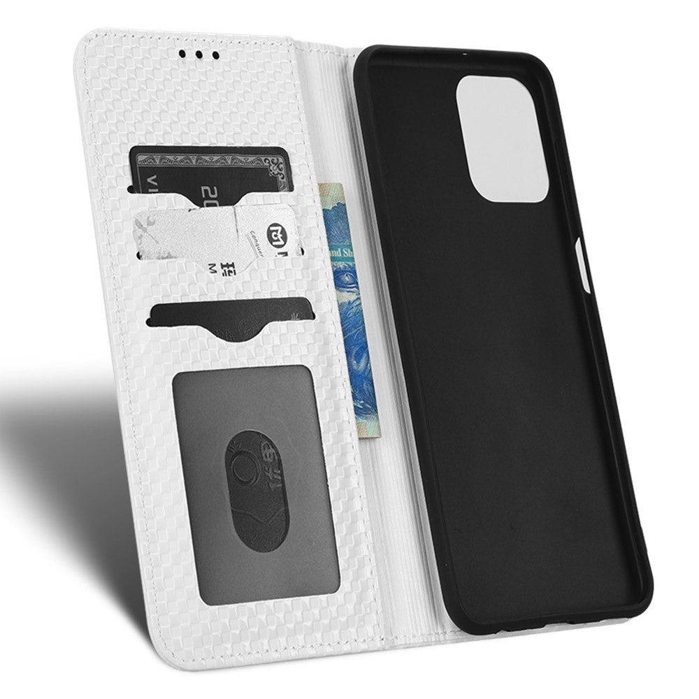 Phone Flip Wallet Case For Samsung Galaxy M33 5G (Global Version), Anti-wear PU Leather Magnetic Auto-absorbed Grid Texture Phone Cover Stand - White