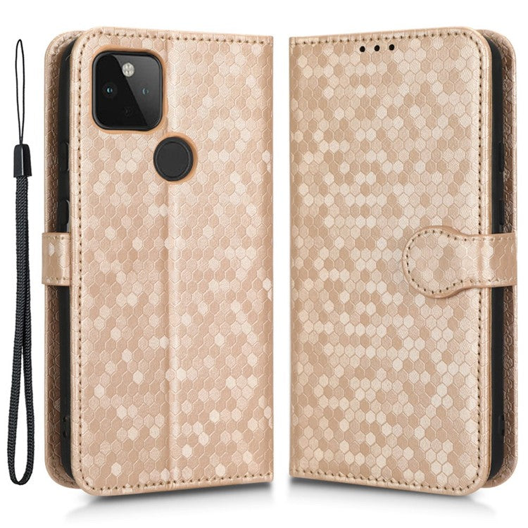 For Google Pixel 5a 5G Dot Pattern Imprinted PU Leather Case Flip Stand Wallet Cover with Wrist Strap - Rose Gold
