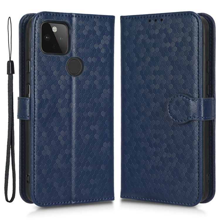 For Google Pixel 5a 5G Dot Pattern Imprinted PU Leather Case Flip Stand Wallet Cover with Wrist Strap - Dark Blue