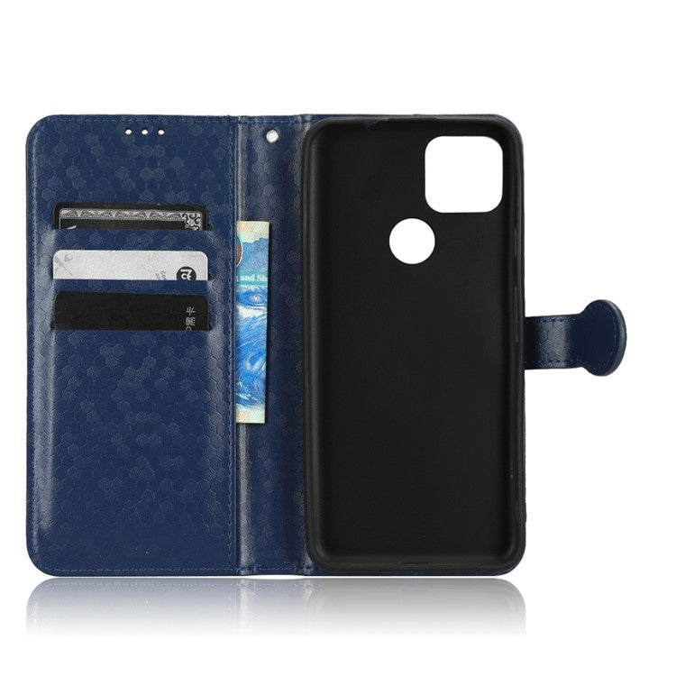 For Google Pixel 5a 5G Dot Pattern Imprinted PU Leather Case Flip Stand Wallet Cover with Wrist Strap - Dark Blue