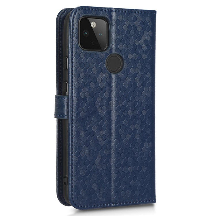 For Google Pixel 5a 5G Dot Pattern Imprinted PU Leather Case Flip Stand Wallet Cover with Wrist Strap - Dark Blue