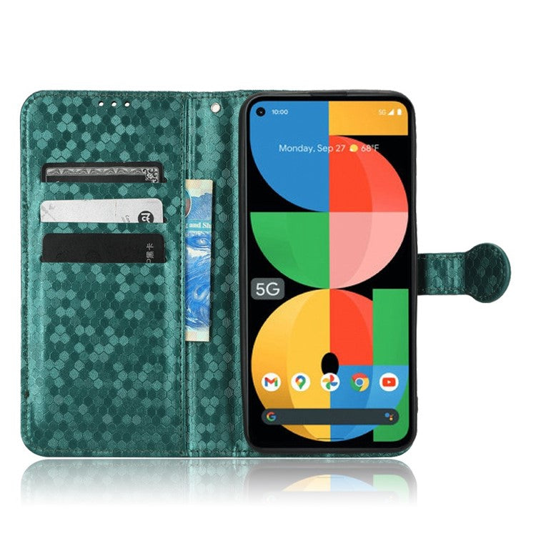 For Google Pixel 5a 5G Dot Pattern Imprinted PU Leather Case Flip Stand Wallet Cover with Wrist Strap - Green