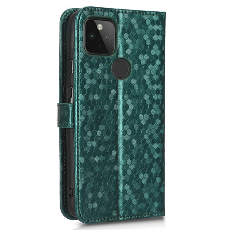 For Google Pixel 5a 5G Dot Pattern Imprinted PU Leather Case Flip Stand Wallet Cover with Wrist Strap - Green