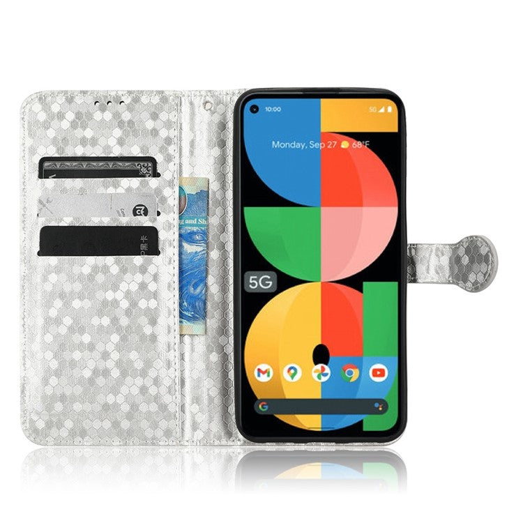 For Google Pixel 5a 5G Dot Pattern Imprinted PU Leather Case Flip Stand Wallet Cover with Wrist Strap - Silver