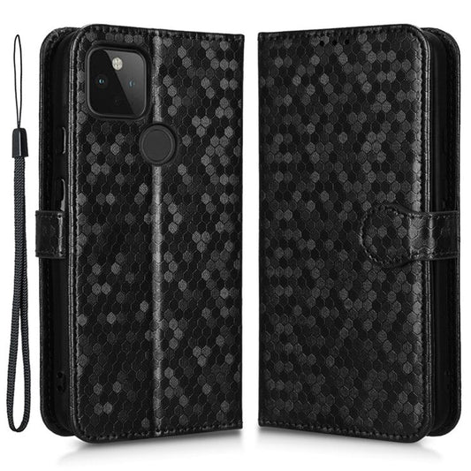 For Google Pixel 5a 5G Dot Pattern Imprinted PU Leather Case Flip Stand Wallet Cover with Wrist Strap - Black