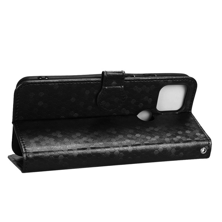 For Google Pixel 5a 5G Dot Pattern Imprinted PU Leather Case Flip Stand Wallet Cover with Wrist Strap - Black