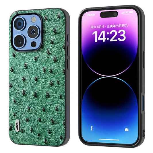 ABEEL For iPhone 16 Pro Case Ostrich Texture Genuine Cow Leather Back Phone Cover - Green