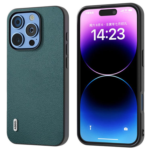 ABEEL For iPhone 16 Pro Case Genuine Cow Leather Coated PC+TPU Phone Cover - Midnight Green