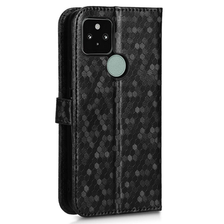 For Google Pixel 5 Dot Pattern Imprinted PU Leather Flip Phone Case Magnetic Clasp Wallet Stand Function Shockproof Cover with Strap - Black