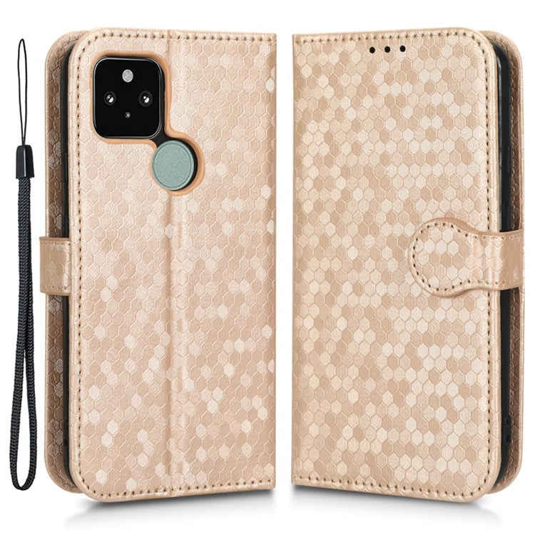 For Google Pixel 5 Dot Pattern Imprinted PU Leather Flip Phone Case Magnetic Clasp Wallet Stand Function Shockproof Cover with Strap - Rose Gold