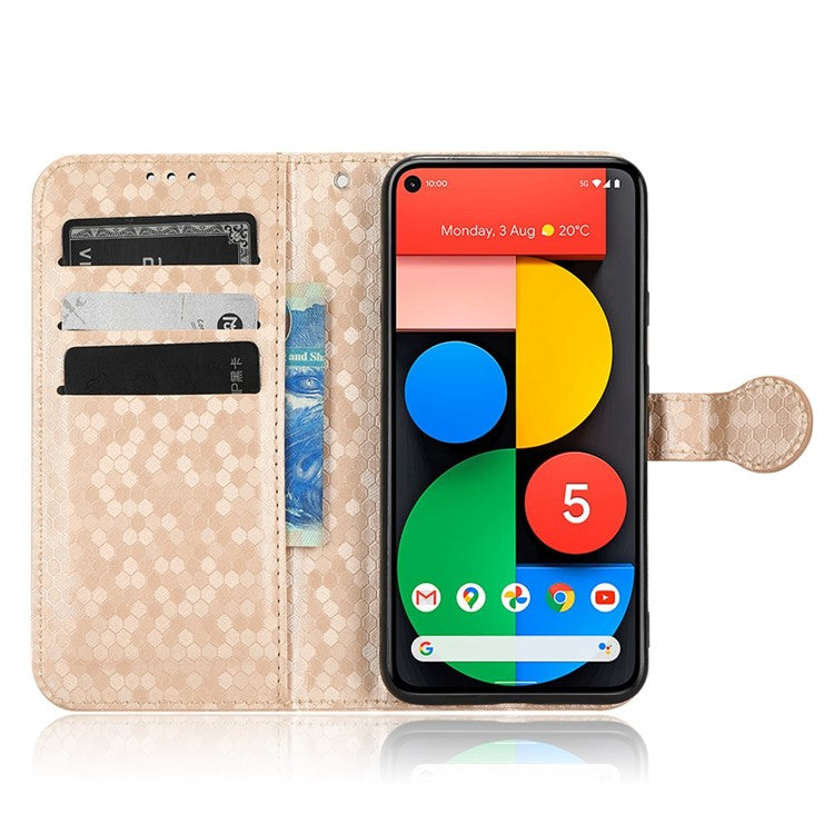 For Google Pixel 5 Dot Pattern Imprinted PU Leather Flip Phone Case Magnetic Clasp Wallet Stand Function Shockproof Cover with Strap - Rose Gold