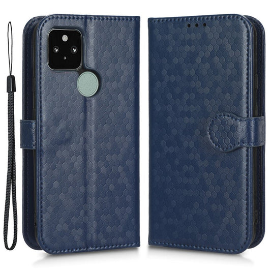 For Google Pixel 5 Dot Pattern Imprinted PU Leather Flip Phone Case Magnetic Clasp Wallet Stand Function Shockproof Cover with Strap - Dark Blue