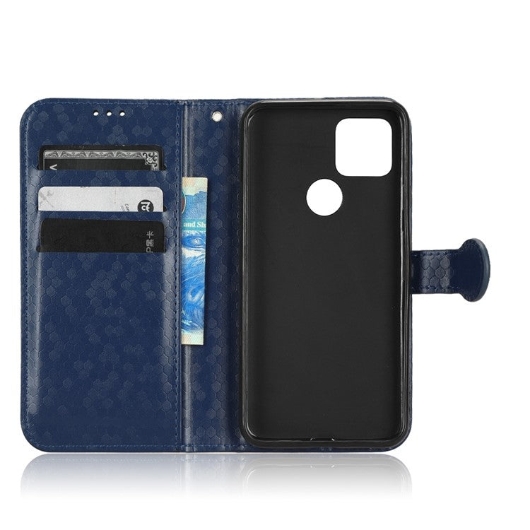 For Google Pixel 5 Dot Pattern Imprinted PU Leather Flip Phone Case Magnetic Clasp Wallet Stand Function Shockproof Cover with Strap - Dark Blue