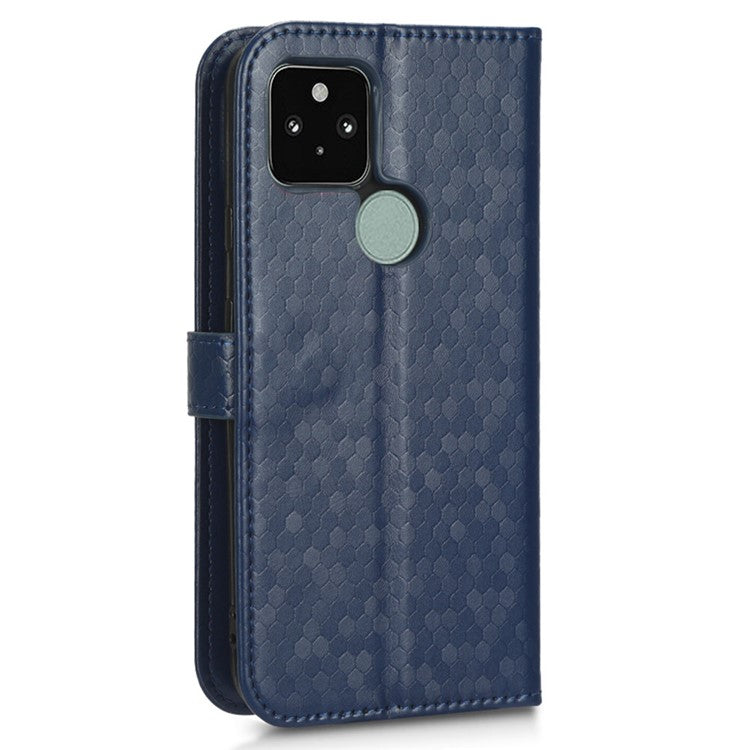 For Google Pixel 5 Dot Pattern Imprinted PU Leather Flip Phone Case Magnetic Clasp Wallet Stand Function Shockproof Cover with Strap - Dark Blue