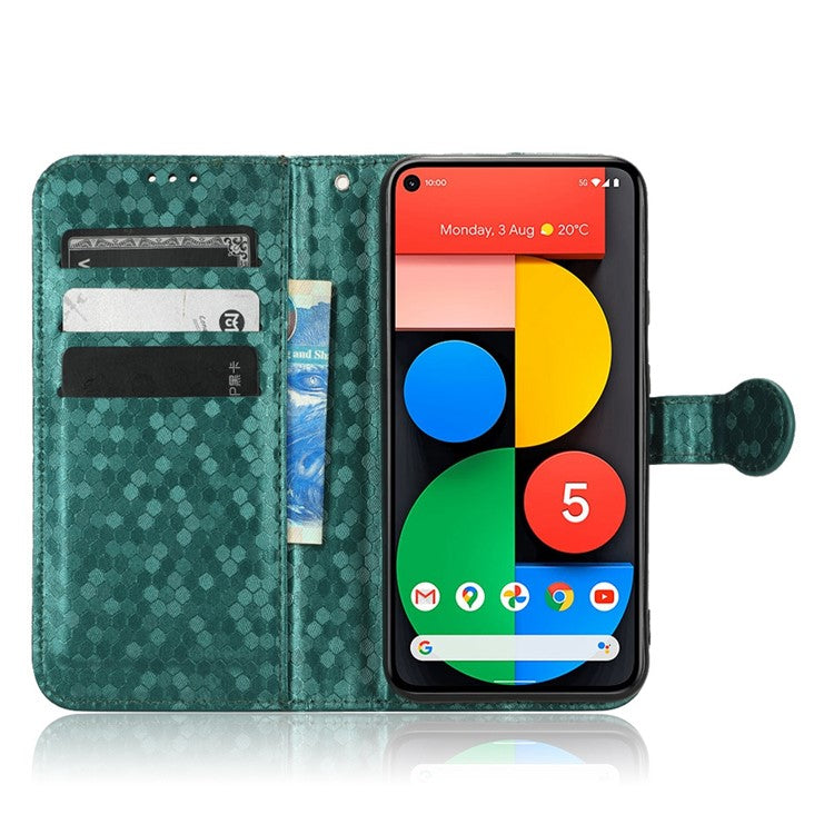 For Google Pixel 5 Dot Pattern Imprinted PU Leather Flip Phone Case Magnetic Clasp Wallet Stand Function Shockproof Cover with Strap - Green