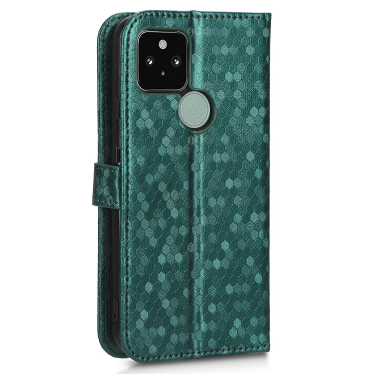 For Google Pixel 5 Dot Pattern Imprinted PU Leather Flip Phone Case Magnetic Clasp Wallet Stand Function Shockproof Cover with Strap - Green