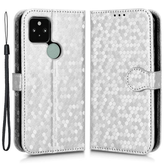 For Google Pixel 5 Dot Pattern Imprinted PU Leather Flip Phone Case Magnetic Clasp Wallet Stand Function Shockproof Cover with Strap - Silver