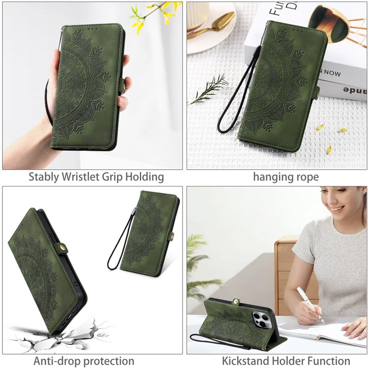 Style 016 For iPhone 16 Pro Case Skin Feel Totem Imprinted Wallet Leather Phone Cover - Blackish Green
