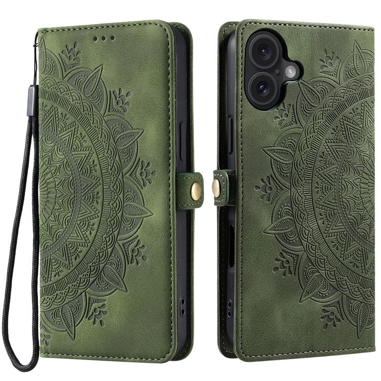 Style 016 For iPhone 16 Plus Case Skin Feel Totem Imprinted Wallet Leather Phone Cover - Blackish Green