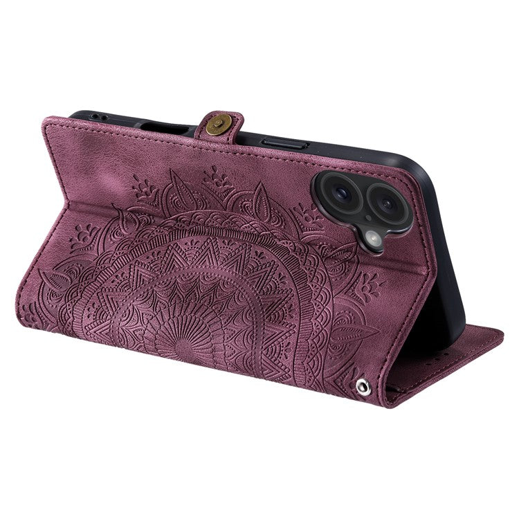 Style 016 For iPhone 16 Case Skin Feel Totem Imprinted Wallet Leather Phone Cover - Wine Red
