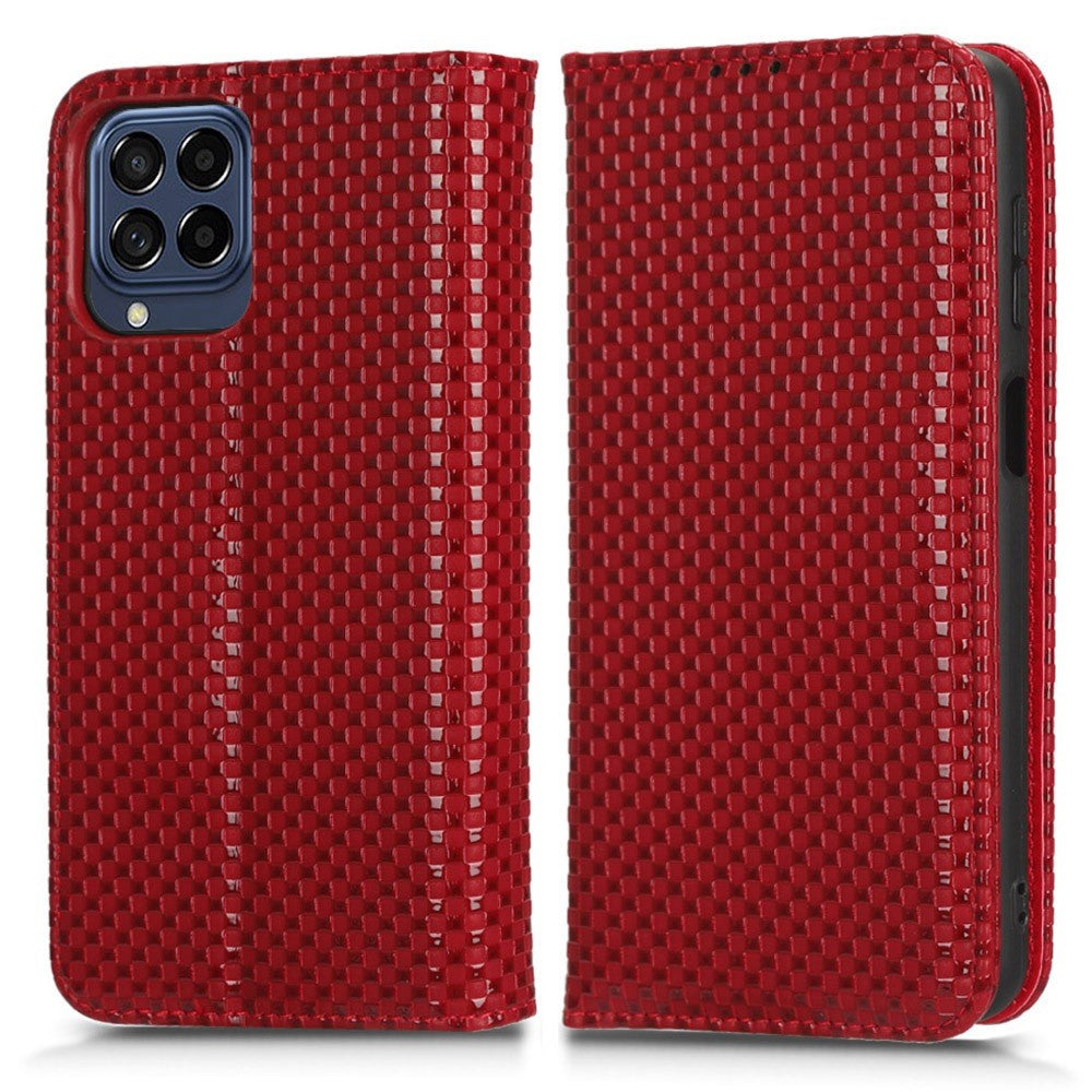 For Samsung Galaxy M53 5G PU Leather Wallet Case Magnetic Absorption Grid Texture Flip Folio Stand Phone Cover - Wine Red