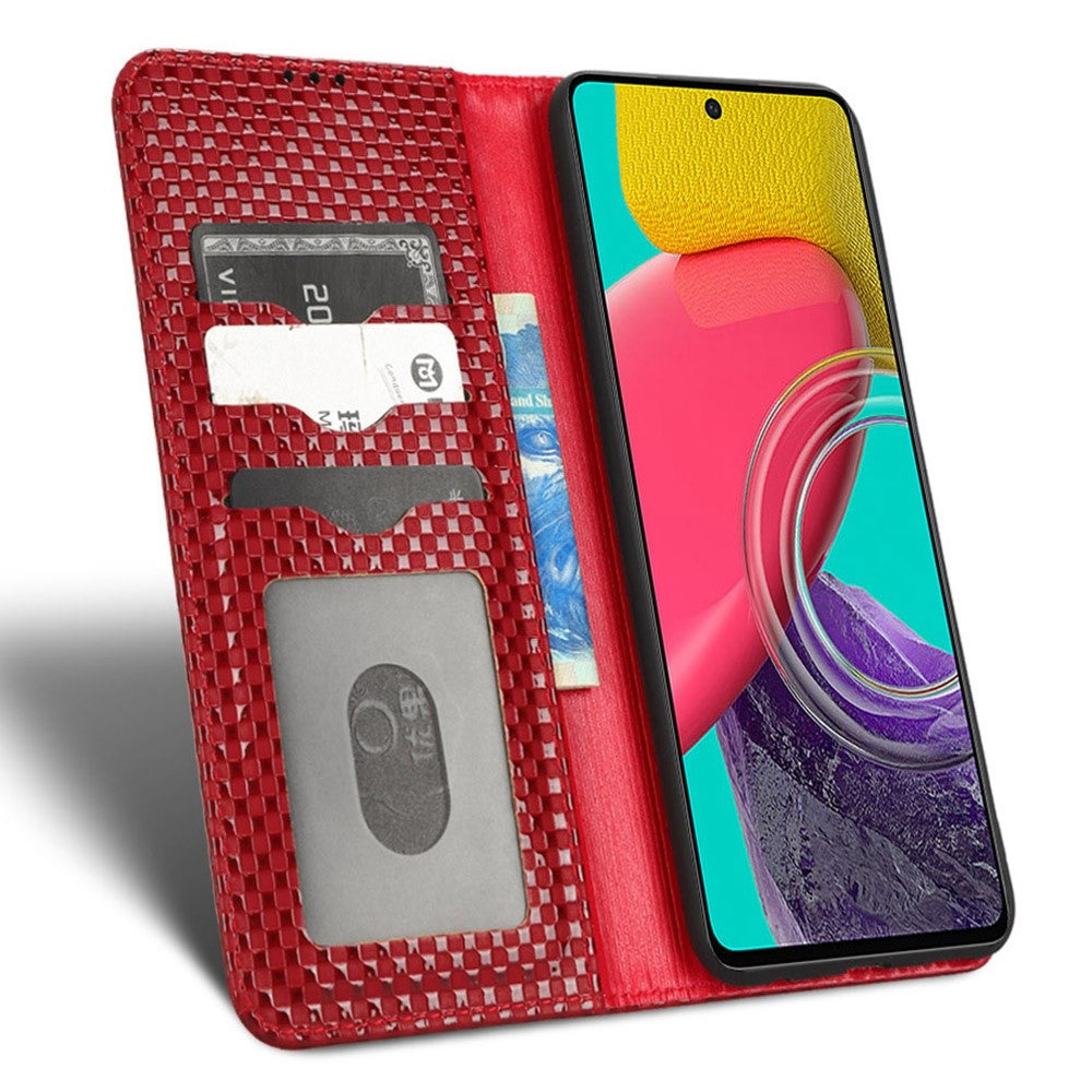 For Samsung Galaxy M53 5G PU Leather Wallet Case Magnetic Absorption Grid Texture Flip Folio Stand Phone Cover - Wine Red