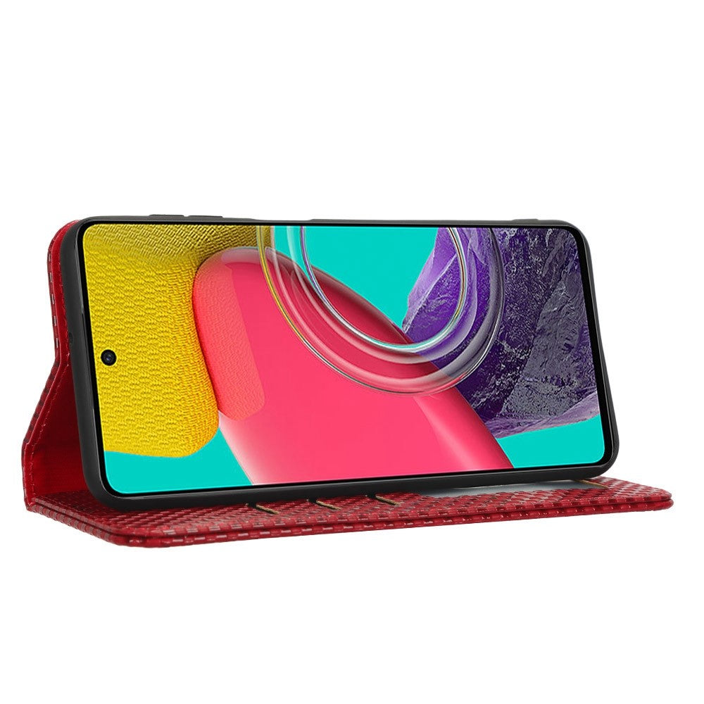 For Samsung Galaxy M53 5G PU Leather Wallet Case Magnetic Absorption Grid Texture Flip Folio Stand Phone Cover - Wine Red