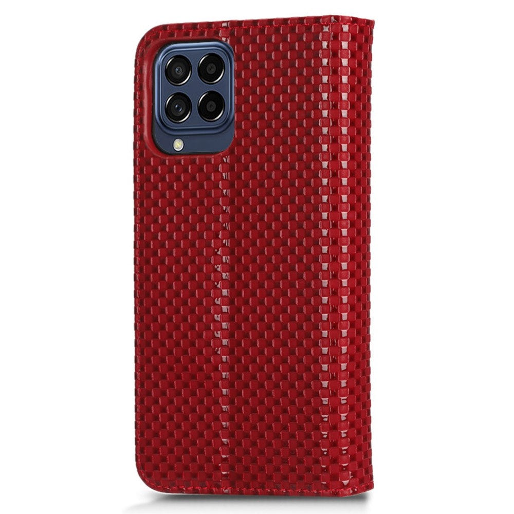 For Samsung Galaxy M53 5G PU Leather Wallet Case Magnetic Absorption Grid Texture Flip Folio Stand Phone Cover - Wine Red