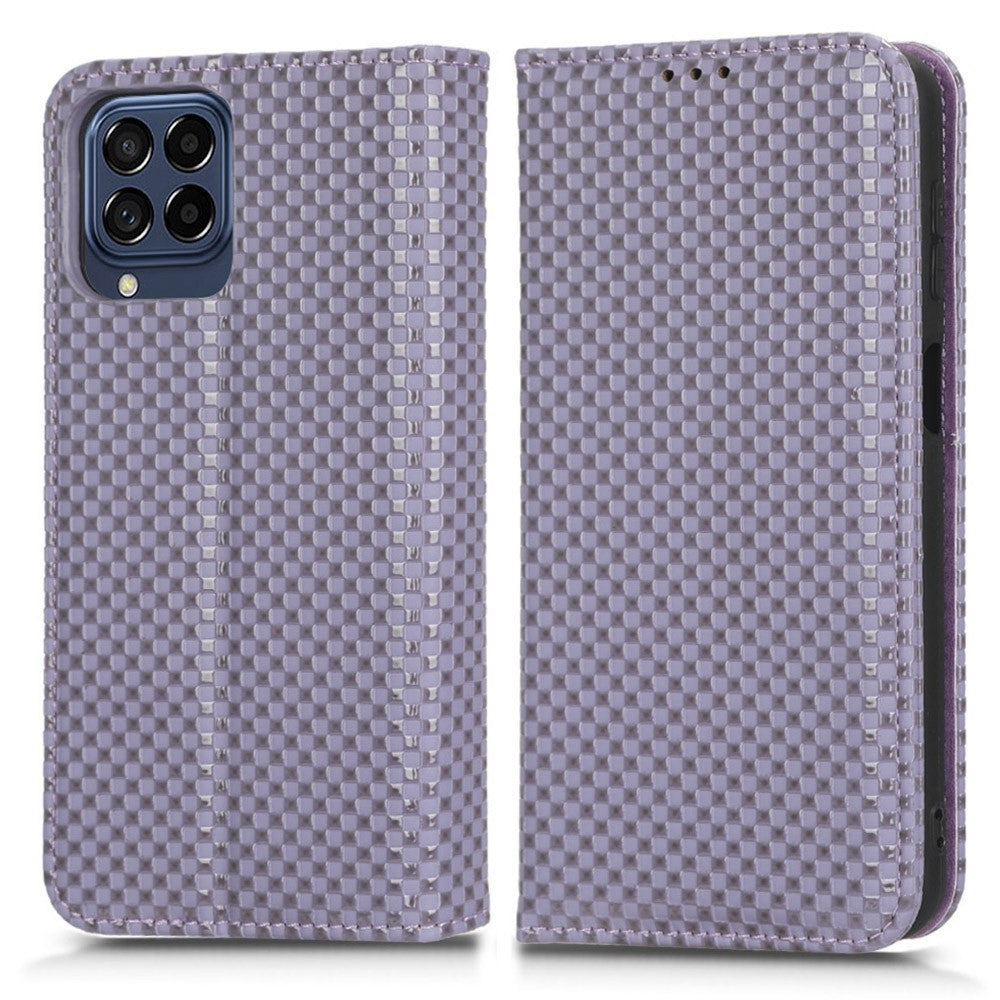 For Samsung Galaxy M53 5G PU Leather Wallet Case Magnetic Absorption Grid Texture Flip Folio Stand Phone Cover - Light Purple