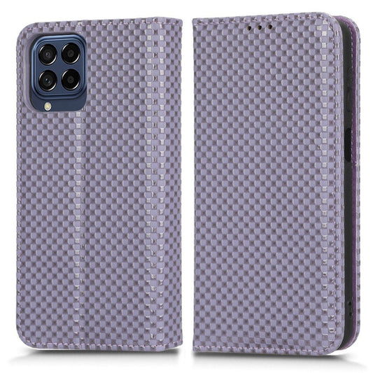 For Samsung Galaxy M53 5G PU Leather Wallet Case Magnetic Absorption Grid Texture Flip Folio Stand Phone Cover - Light Purple