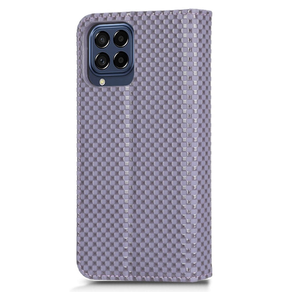 For Samsung Galaxy M53 5G PU Leather Wallet Case Magnetic Absorption Grid Texture Flip Folio Stand Phone Cover - Light Purple