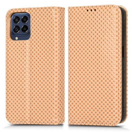 For Samsung Galaxy M53 5G PU Leather Wallet Case Magnetic Absorption Grid Texture Flip Folio Stand Phone Cover - Beige